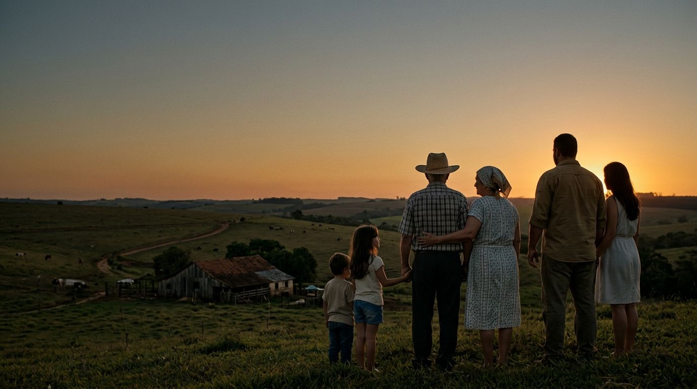 Três gerações de uma família do campo, de costas, olhando a fazenda ao pôr do sol