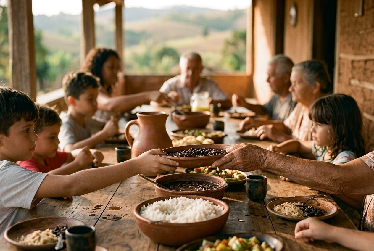 Almoço de domingo na varanda da fazenda: três gerações à mesa, uma criança e uma senhora passando a tigela de feijão